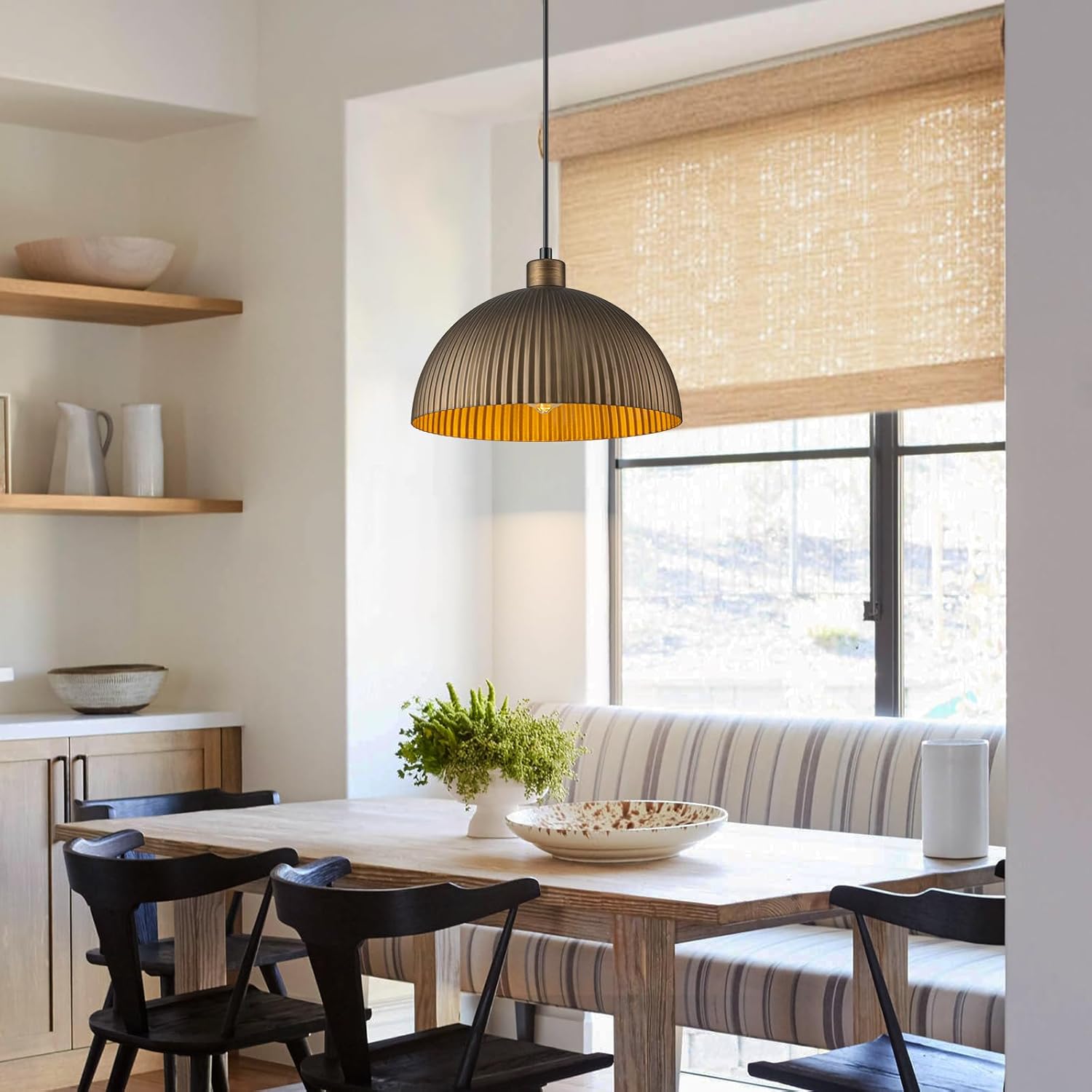 Vintage Antique Brass Dome Pendant Light, 12'' Pendant Lights Kitchen Island, Hanging Ceiling Light Striped Metal Shade