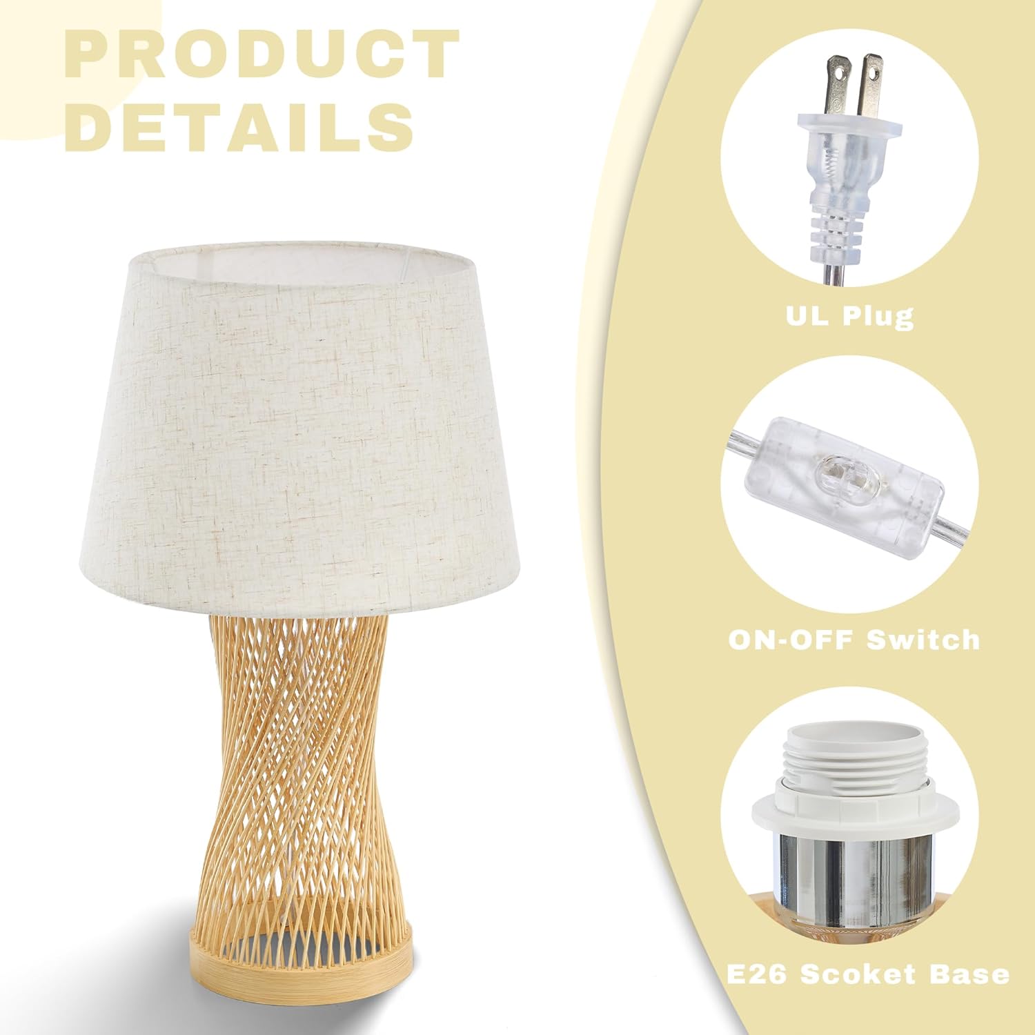 Booniture Handwoven Bamboo Table Lamp,Boho Style Bedside Lamp with Linen Shade,Natural Bamboo Weave Desk Lamp for Bedroom Living Room Tea Room,Beige