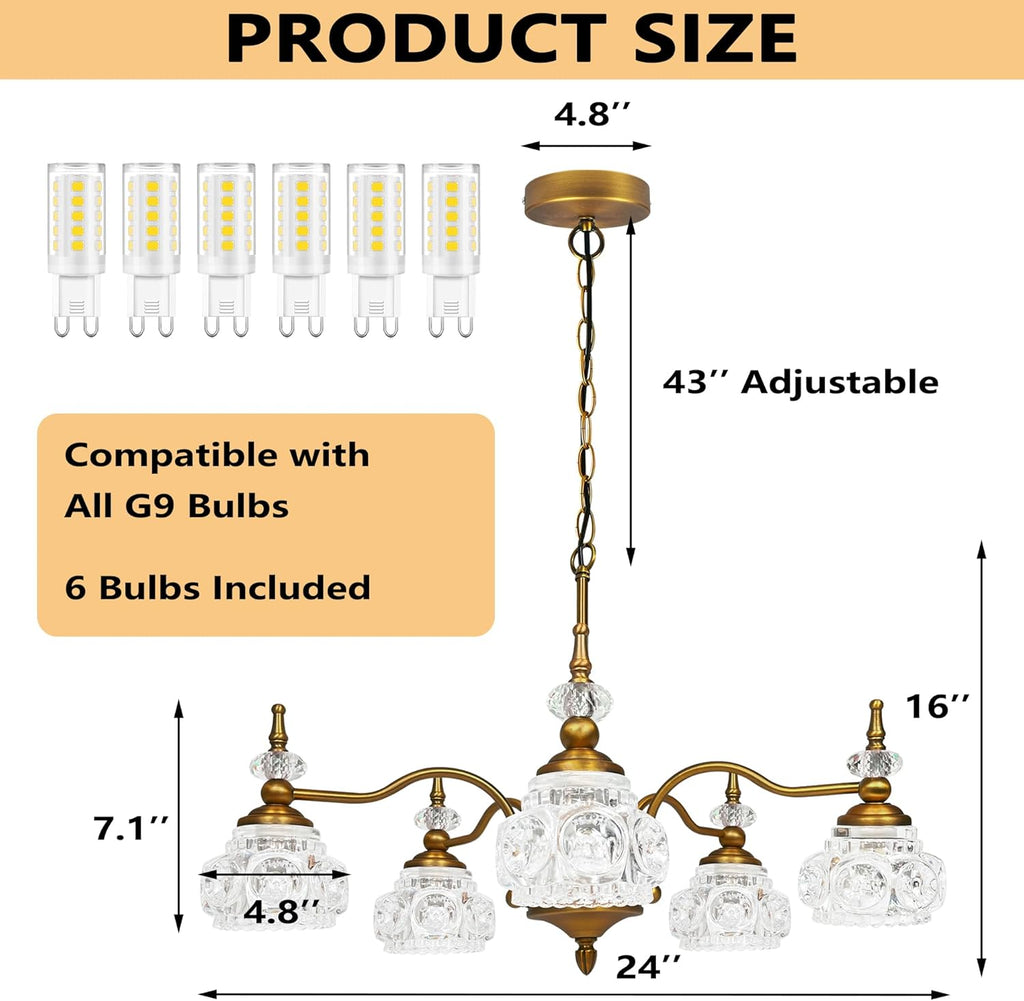 Montex Vintage Brass Pendant Light,Gold Vintage Chandelier Light Fixture 5 Lights,Include 6 Light Bulbs Glass Pendant Light Crystal Hanging Light