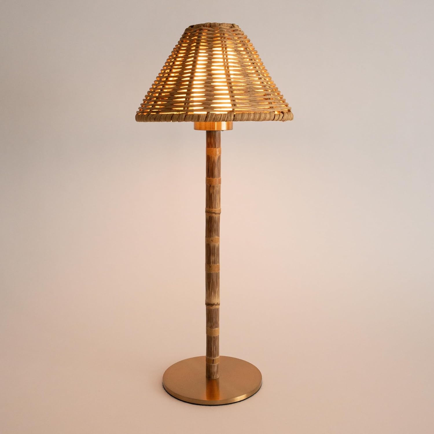 LUXELYKOS Bamboo Cordless LED Table Lamp – Rechargeable 24-Hour Battery, Dimmable Warm Light, 15" Portable Wireless Lamp with Remote for Indoor/Outdoor Use, Home, Patio, Restaurant – Textured Gold