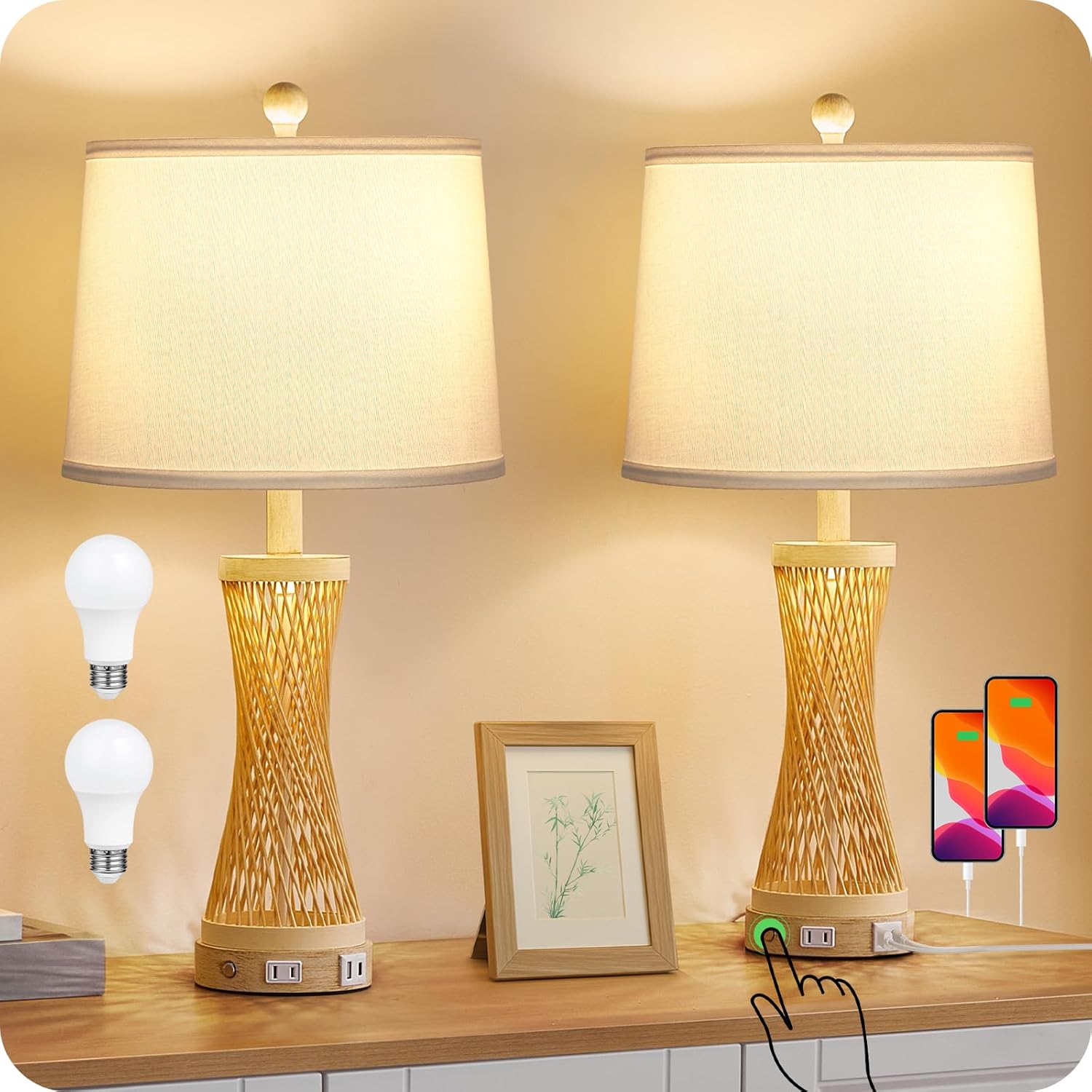 24.4” Farmhouse Rattan Table Lamps Set of 2, Touch Bedside Lamps for Bedroom with 3-Way Dimmable Night Light, USB A+C Charging Ports, Bamboo Boho Nightstand Lamp with Beige Linen Shade H04TL05