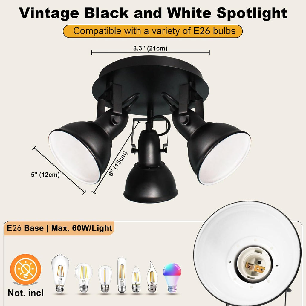 HiBay Ceiling Light Fixtures, 3-Lights Adjustable LED Spotlight, Industrial Track Lighting Black with Round Plate for Kitchen, Living Room, Office, E26 Base, Black (Bulbs Not Included)