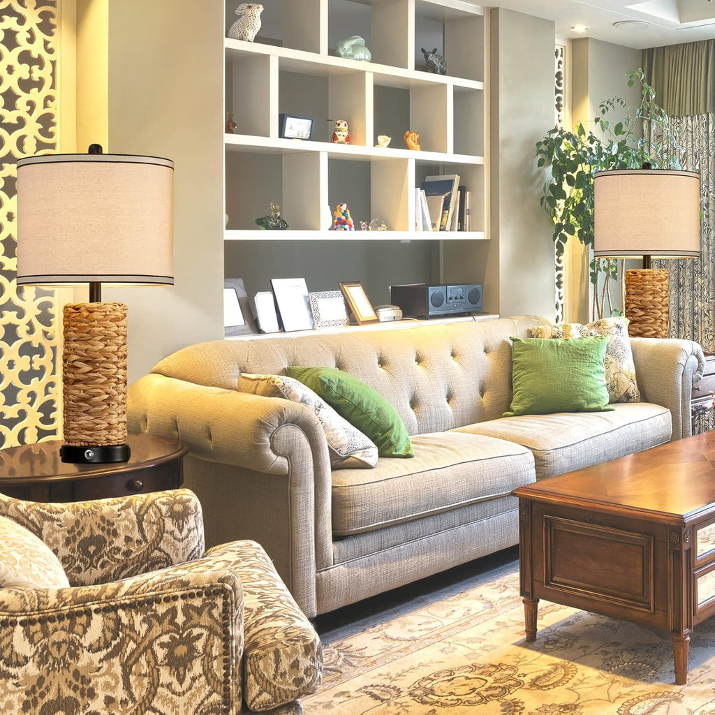 GyroVu Rattan Table Lamp Set of 2, Wicker Lamps, Dimmable Touch Seagrass Table lamp with 2 USB Ports and 1 AC Outlet for Bedroom Nightstand Table, Livingroom End Table, Bulbs Include