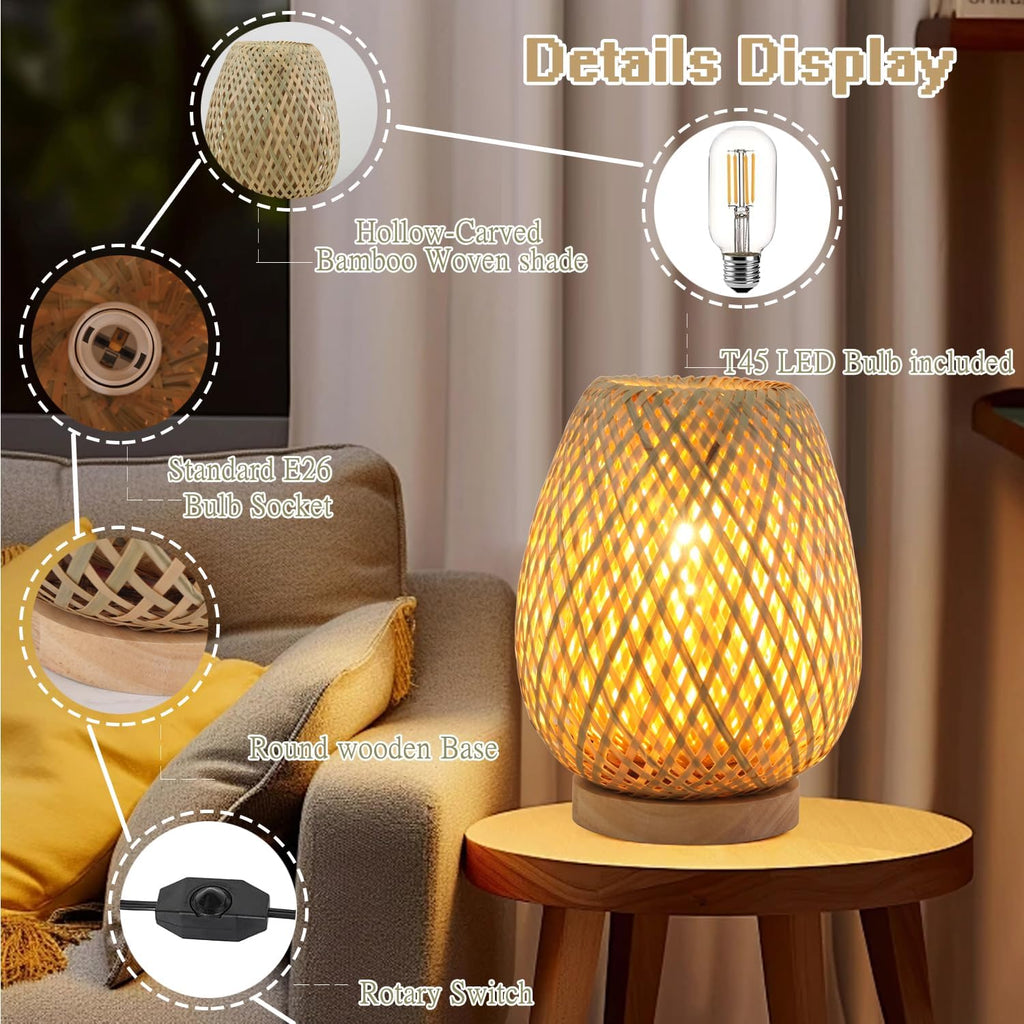 Boho Table Lamp Dimmable Small Rattan Nightstand Lamps For End Table Side, Vintage Wicker Wooden Bamboo Woven Desk bedside Lamps for Bedroom Living Room Kids Room, 2700K T45 LED Bulb Included