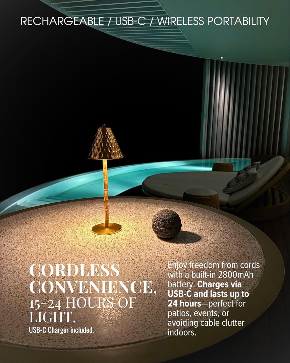 LUXELYKOS Bamboo Cordless LED Table Lamp – Rechargeable 24-Hour Battery, Dimmable Warm Light, 15" Portable Wireless Lamp with Remote for Indoor/Outdoor Use, Home, Patio, Restaurant – Textured Gold