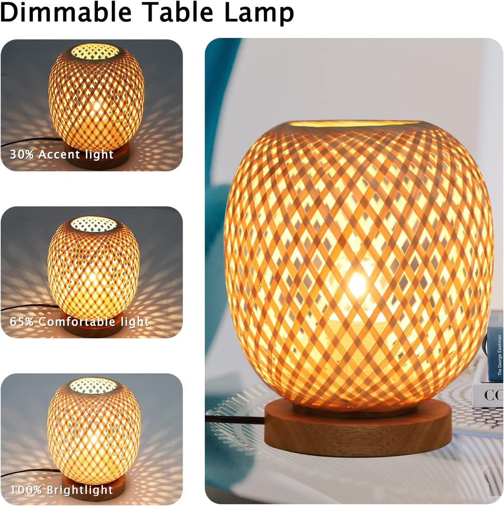 Capslpad Dimmable Rattan Table Lamp - Bamboo Woven Handmade Boho Beside Light, Small Wicker Desktop Nightstand Accent for Kids Living Room, Bedroom, Dorm Decor