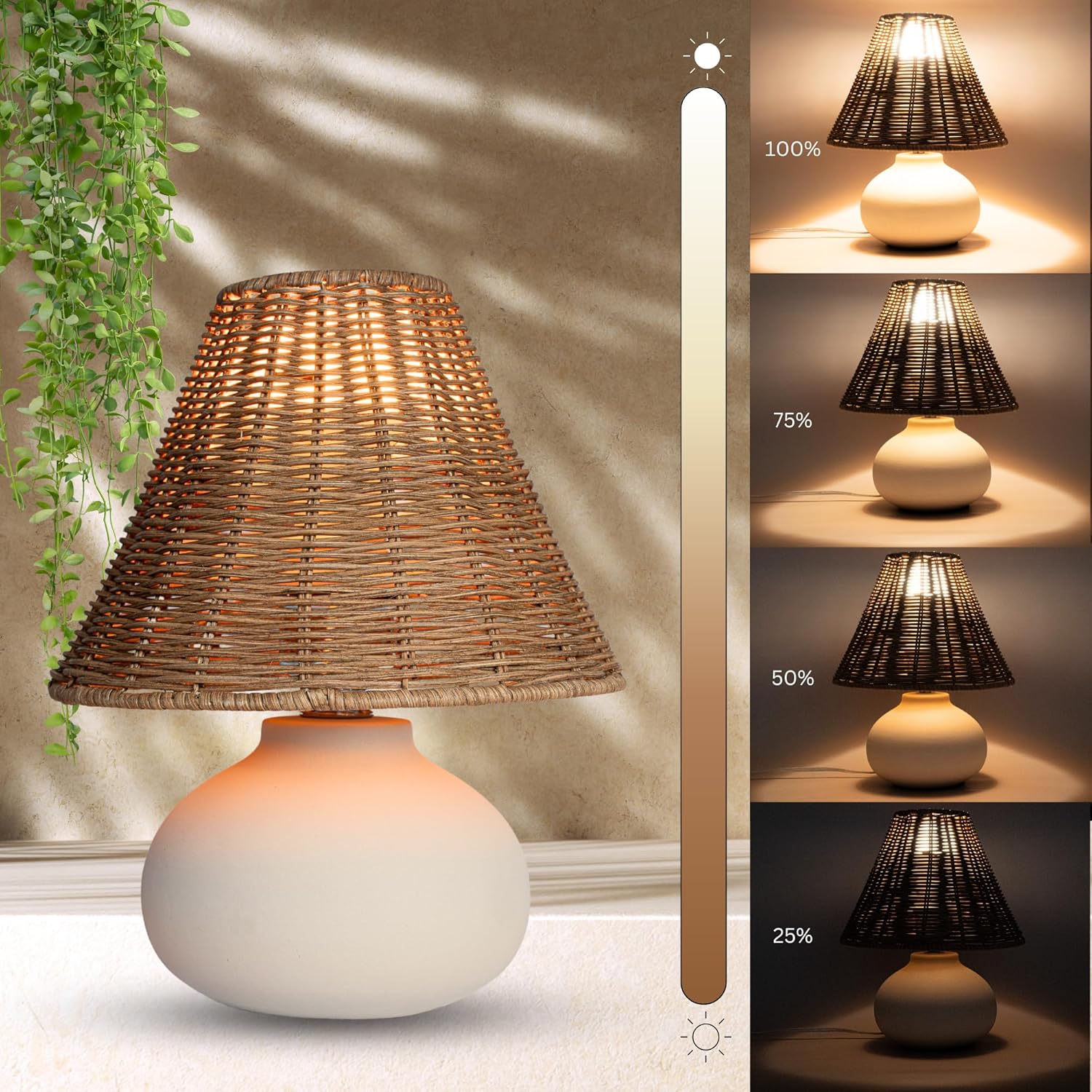 ora bamboo 11" Small Table Lamp – Handmade Ceramic Cream Base with Wicker Rattan Shade, Dimmable Plug-in Nightstand Light for Bedroom, Kitchen Counter, or Small Spaces – Boho Japandi Organic Decor
