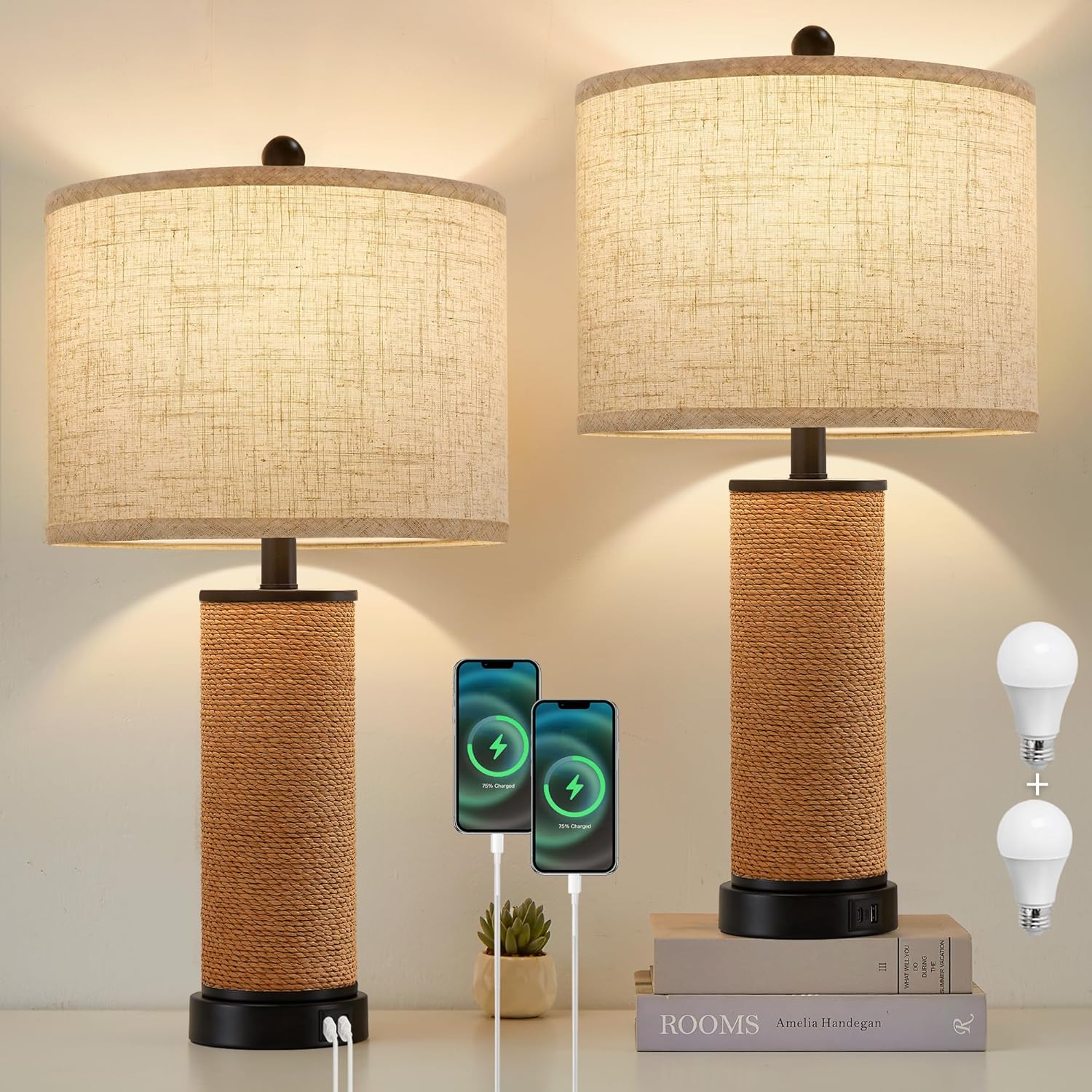 GyroVu Rattan Table Lamp Set of 2, Wicker Lamps, Dimmable Touch Seagrass Table lamp with 2 USB Ports and 1 AC Outlet for Bedroom Nightstand Table, Livingroom End Table, Bulbs Include