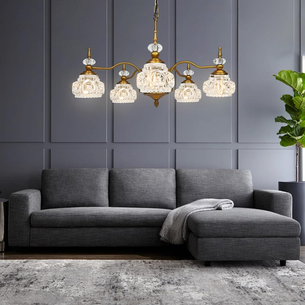 Montex Vintage Brass Pendant Light,Gold Vintage Chandelier Light Fixture 5 Lights,Include 6 Light Bulbs Glass Pendant Light Crystal Hanging Light