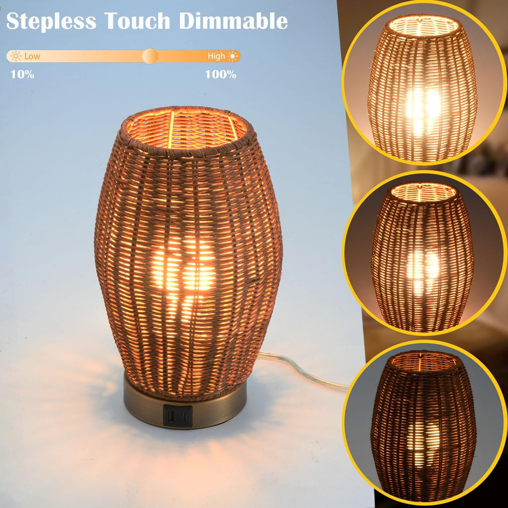 MAINDECO Boho Style Rattan Table Lamp,Dimmable Bamboo Desk Lamp,Touch & USB Charger Port,Oven Brown Rattan