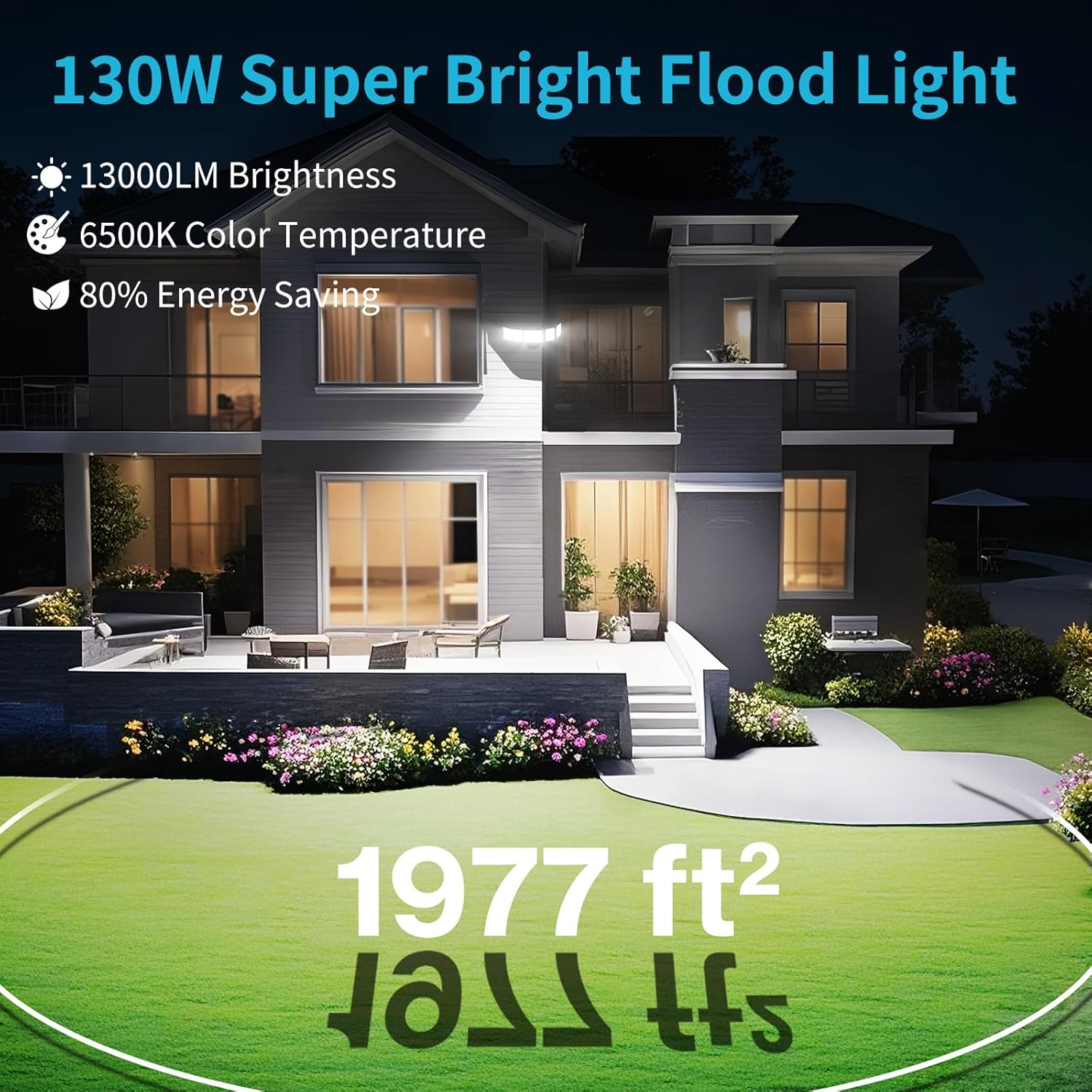 Olafus 130W Flood Light Outdoor, Switch Controlled 13000LM LED Security Light, IP65 Waterproof Outside Floodlight with 5 Adjustable Heads, 6500K Exterior Flood Light Fixture Wired for House Yard Black