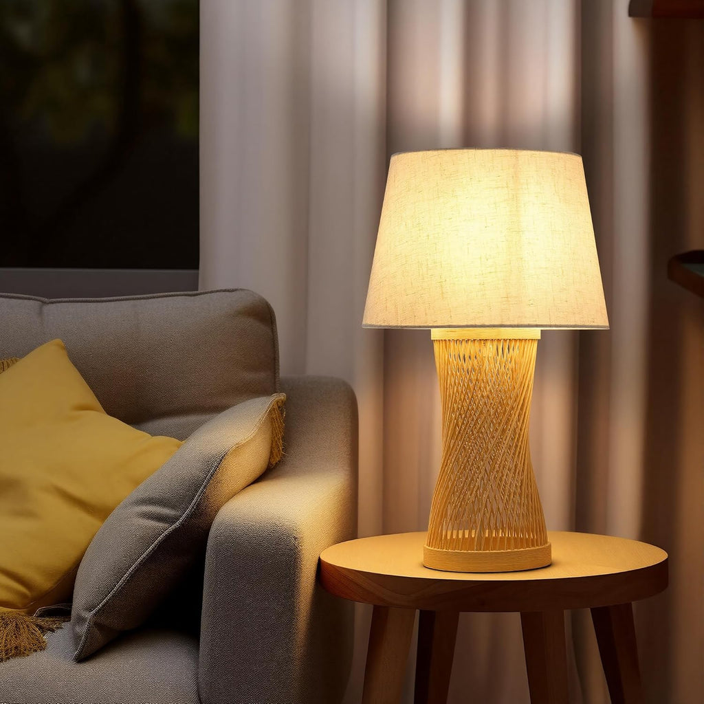 Booniture Handwoven Bamboo Table Lamp,Boho Style Bedside Lamp with Linen Shade,Natural Bamboo Weave Desk Lamp for Bedroom Living Room Tea Room,Beige