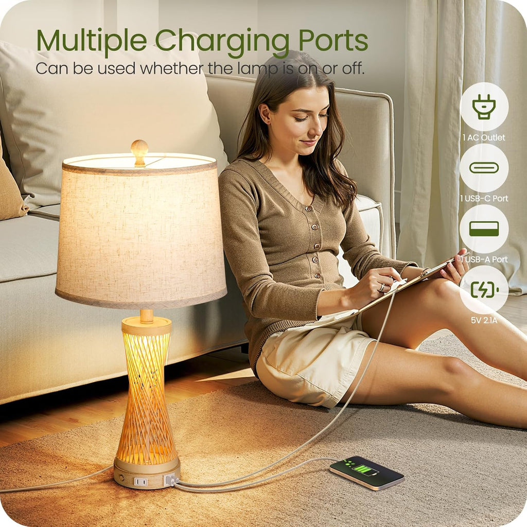 24.4” Farmhouse Rattan Table Lamps Set of 2, Touch Bedside Lamps for Bedroom with 3-Way Dimmable Night Light, USB A+C Charging Ports, Bamboo Boho Nightstand Lamp with Beige Linen Shade H04TL05