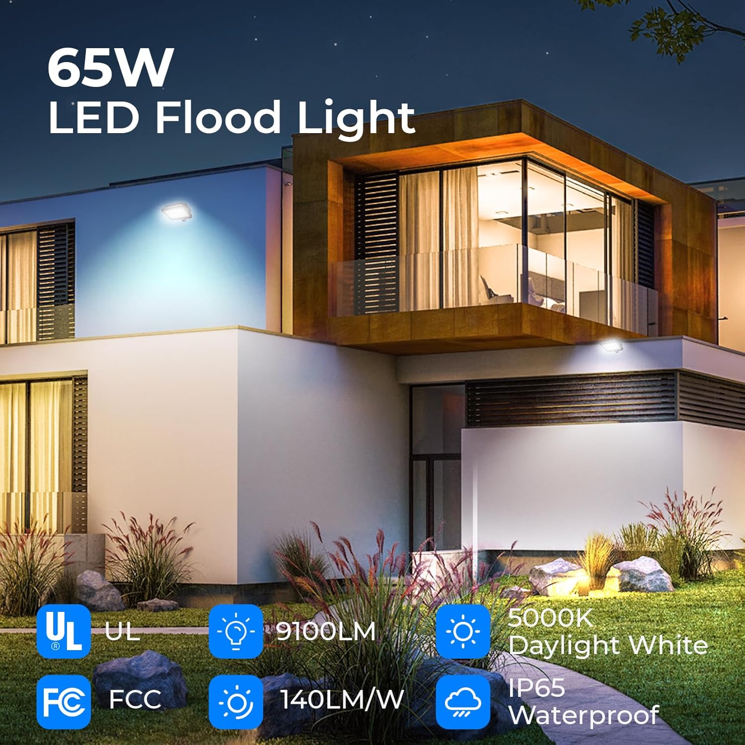 CINOTON 65W LED Flood Lights Outdoor, IP65 Waterproof Exterior Security Wall Lights with 180°Knuckle, 9100LM 120V Outside Aluminum Lighting Fixture for Patio Porch Barn Garden 5000K 2 Pack, UL Listed