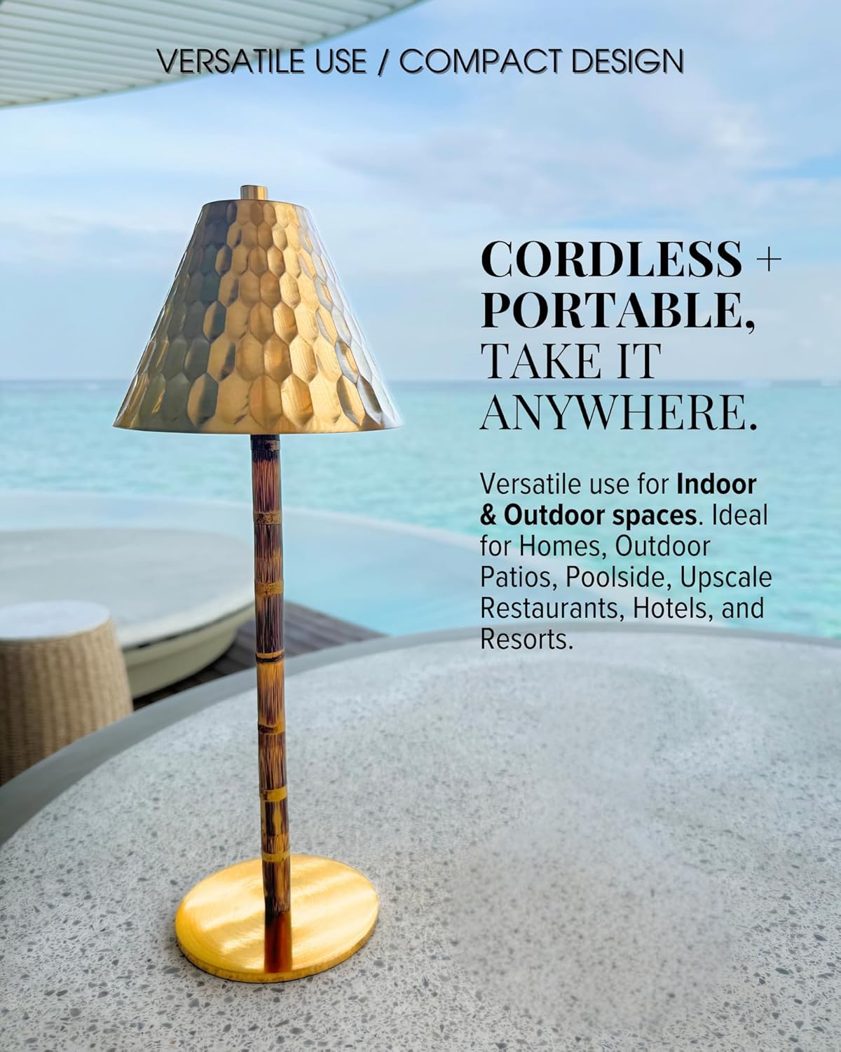 LUXELYKOS Bamboo Cordless LED Table Lamp – Rechargeable 24-Hour Battery, Dimmable Warm Light, 15" Portable Wireless Lamp with Remote for Indoor/Outdoor Use, Home, Patio, Restaurant – Textured Gold