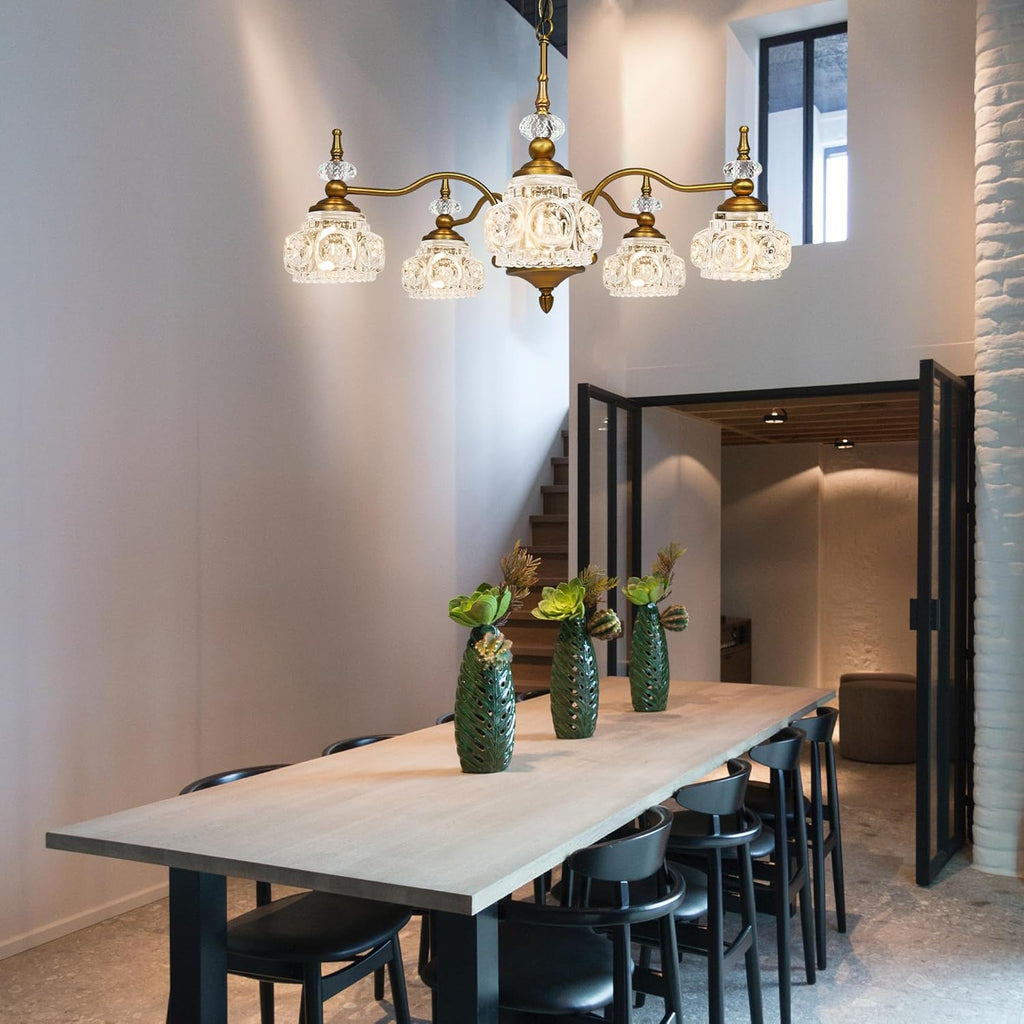 Montex Vintage Brass Pendant Light,Gold Vintage Chandelier Light Fixture 5 Lights,Include 6 Light Bulbs Glass Pendant Light Crystal Hanging Light