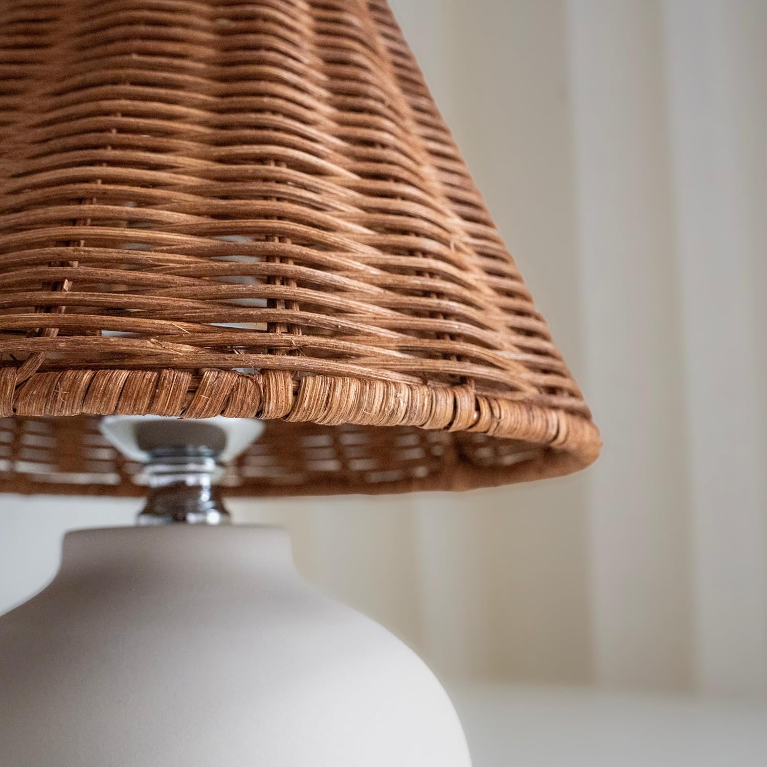 ora bamboo 11" Small Table Lamp – Handmade Ceramic Cream Base with Wicker Rattan Shade, Dimmable Plug-in Nightstand Light for Bedroom, Kitchen Counter, or Small Spaces – Boho Japandi Organic Decor