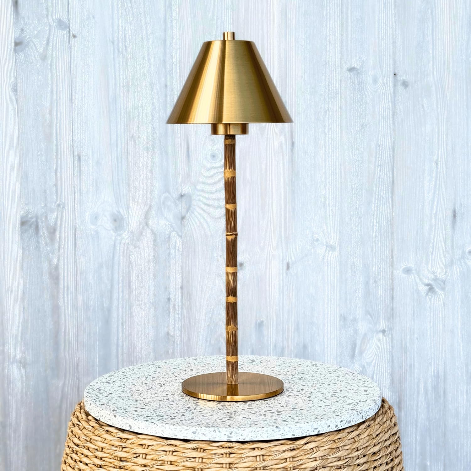 LUXELYKOS Bamboo Cordless LED Table Lamp – Rechargeable 24-Hour Battery, Dimmable Warm Light, 15" Portable Wireless Lamp with Remote for Indoor/Outdoor Use, Home, Patio, Restaurant – Textured Gold