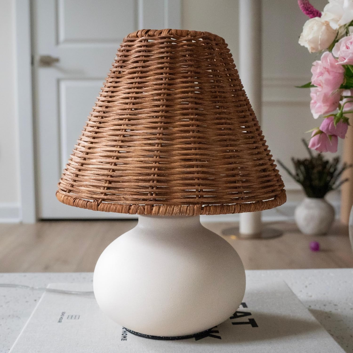 ora bamboo 11" Small Table Lamp – Handmade Ceramic Cream Base with Wicker Rattan Shade, Dimmable Plug-in Nightstand Light for Bedroom, Kitchen Counter, or Small Spaces – Boho Japandi Organic Decor